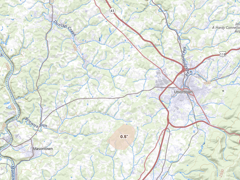Radar-estimated hail-size map of the storm over Uniontown, PA on Aug 7, 2026