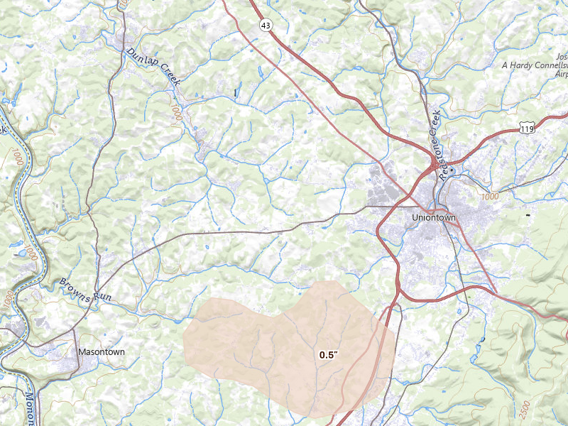 Radar-estimated hail-size map of the storm over Uniontown, PA on Aug 10, 2026