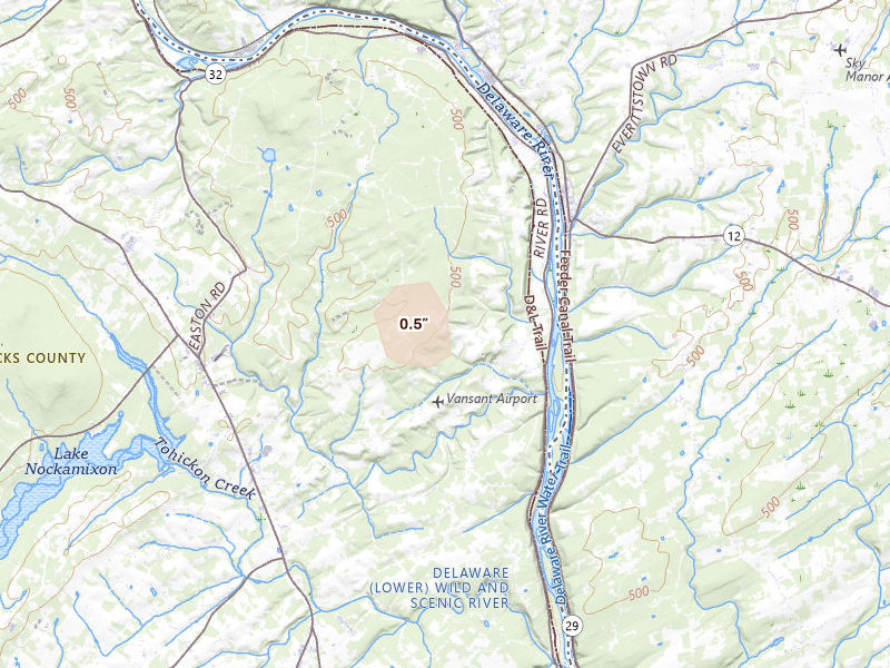 Radar-estimated hail-size map of the storm over Upper Black Eddy, PA on Jul 28, 2026
