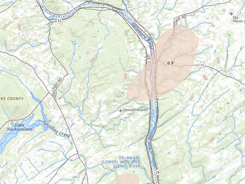 Radar-estimated hail-size map of the storm over Upper Black Eddy, PA on Aug 7, 2026