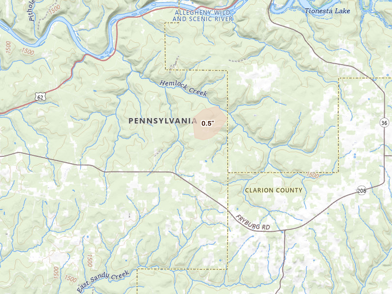 Radar-estimated hail-size map of the storm over Venus, PA on Jul 6, 2026