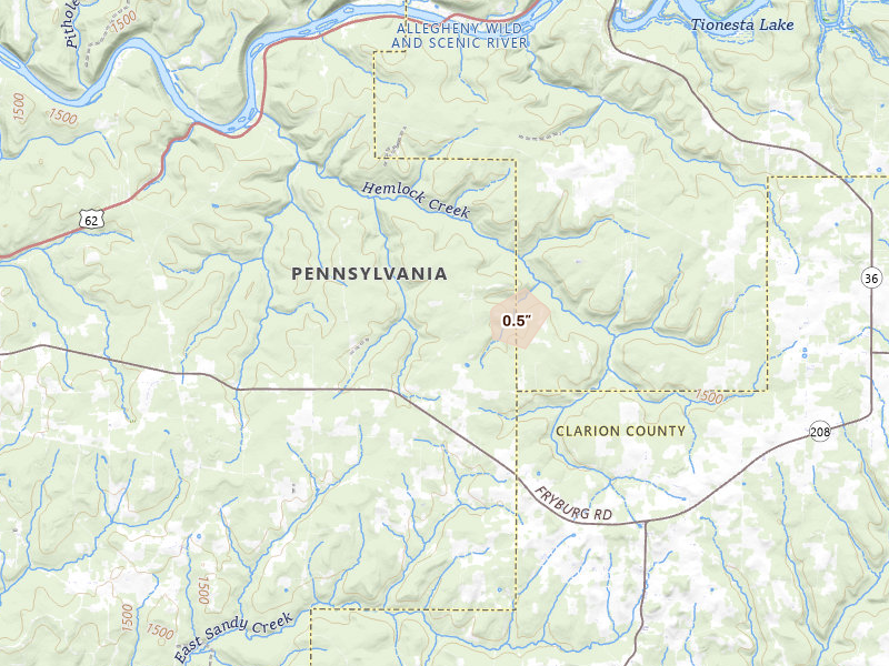 Radar-estimated hail-size map of the storm over Venus, PA on Aug 8, 2026