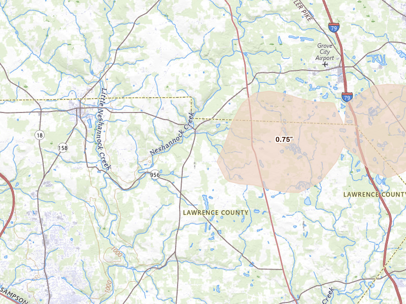 Radar-estimated hail-size map of the storm over Volant, PA on Jun 14, 2026