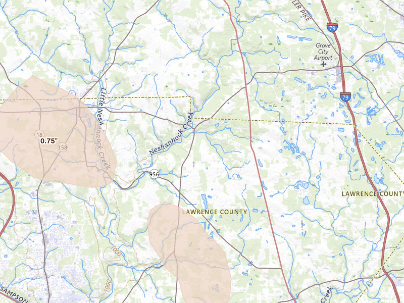 Radar-estimated hail-size map of the storm over Volant, PA on Jul 10, 2026