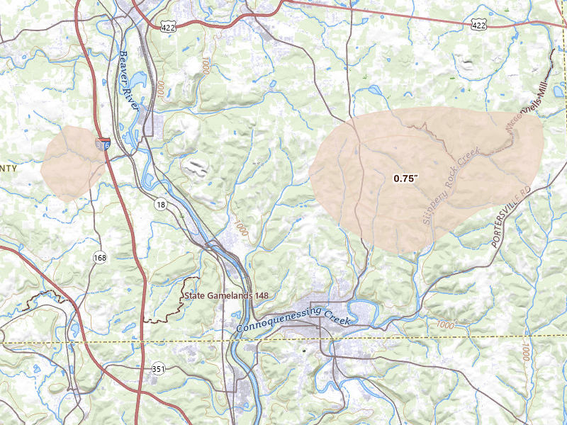 Radar-estimated hail-size map of the storm over Wampum, PA on Jul 4, 2026