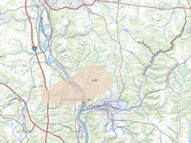 Radar-estimated hail-size map of the storm over Wampum, PA on Aug 8, 2026