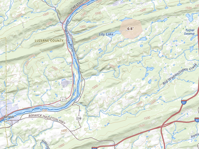 Radar-estimated hail-size map of the storm over Wapwallopen, PA on Jul 1, 2026