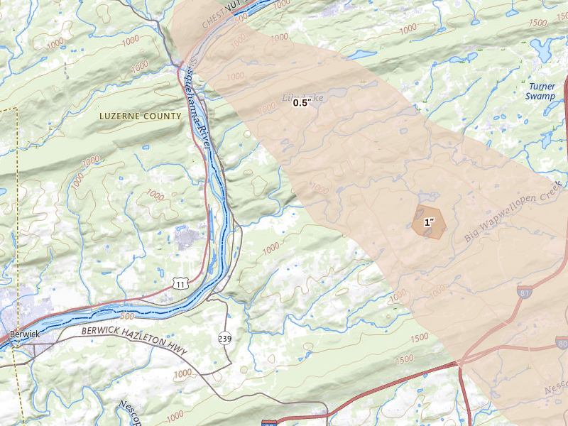 Radar-estimated hail-size map of the storm over Wapwallopen, PA on Jul 15, 2026