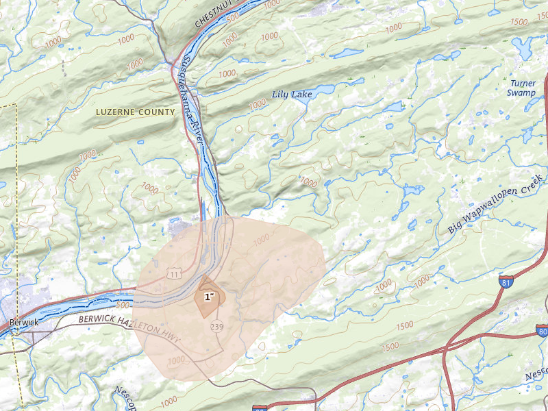 Radar-estimated hail-size map of the storm over Wapwallopen, PA on Aug 7, 2026