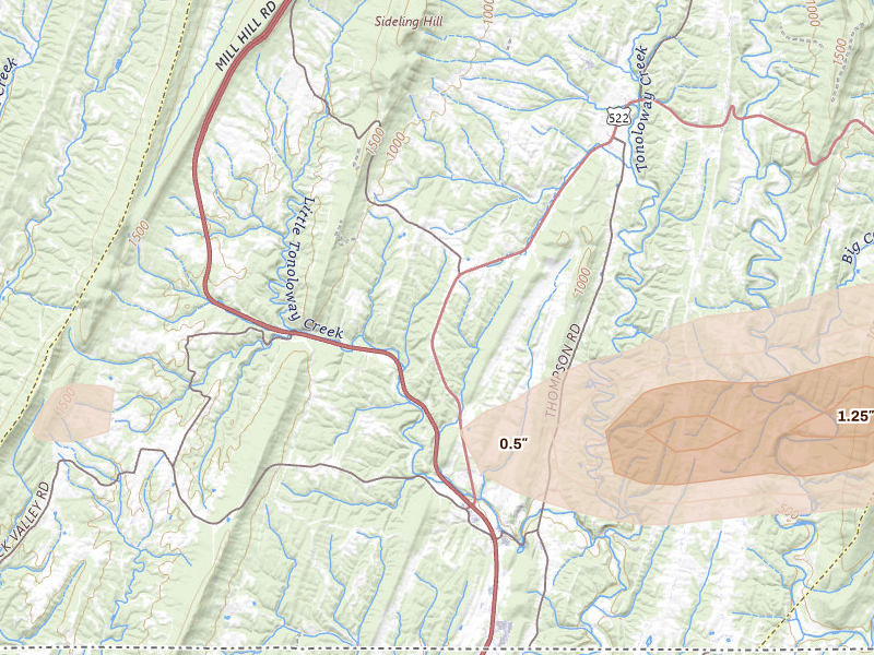 Radar-estimated hail-size map of the storm over Warfordsburg, PA on May 20, 2026
