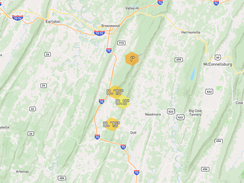 Hail map of Warfordsburg, PA on Jul 4, 2026, hail up to 1"