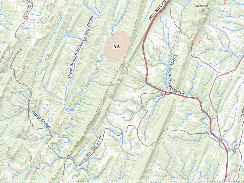 Radar-estimated hail-size map of the storm over Warfordsburg, PA on Aug 7, 2026