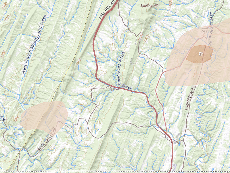 Radar-estimated hail-size map of the storm over Warfordsburg, PA on Aug 22, 2026