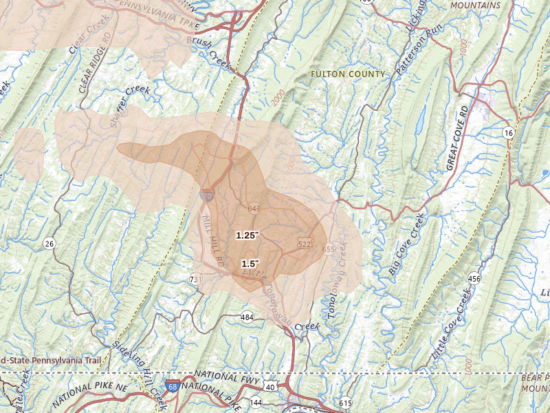 Radar-estimated hail-size map of the storm over Warfordsburg, PA on Sep 2, 2026
