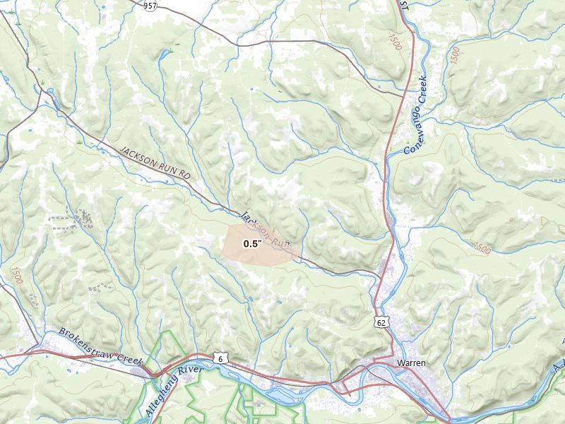 Radar-estimated hail-size map of the storm over Warren, PA on Sep 1, 2026
