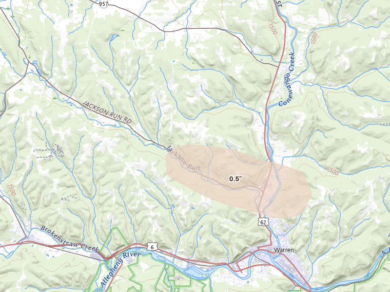 Radar-estimated hail-size map of the storm over Warren, PA on Sep 2, 2026