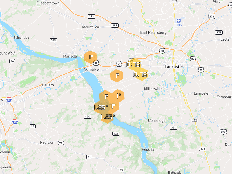 Hail map of Washington Boro, PA on Jul 6, 2026, hail up to 1.25"