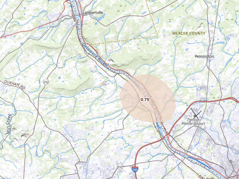 Radar-estimated hail-size map of the storm over Washington Crossing, PA on Jul 3, 2026