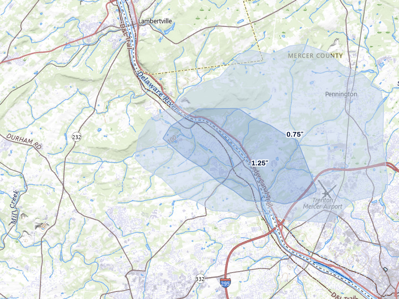 NEXRAD radar-signature map of the hail over Washington Crossing, PA