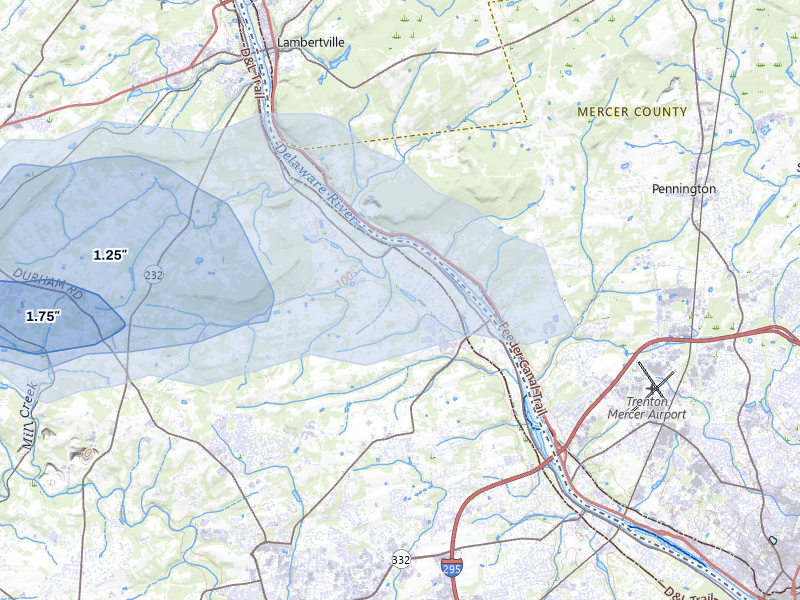 NEXRAD radar-signature map of the hail over Washington Crossing, PA