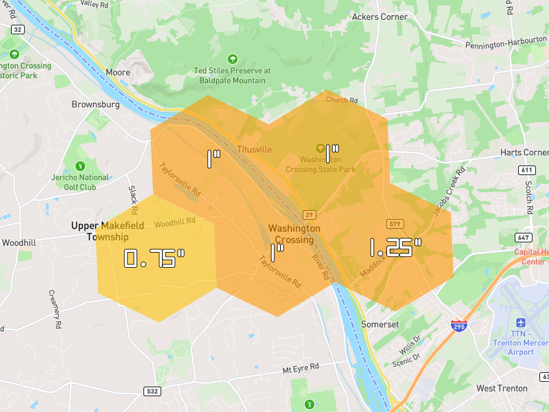 Hail map of Washington Crossing, PA on Jul 4, 2026, hail up to 1.25"
