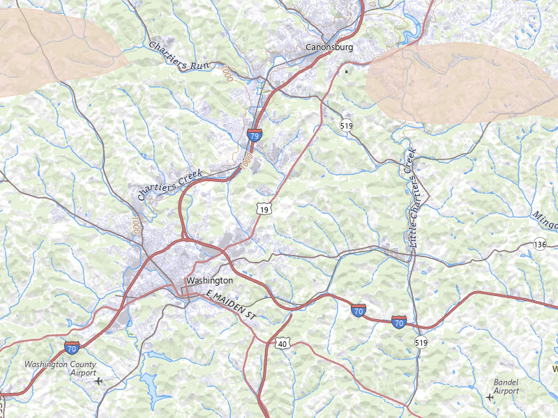 Radar-estimated hail-size map of the storm over Washington, PA on May 13, 2026