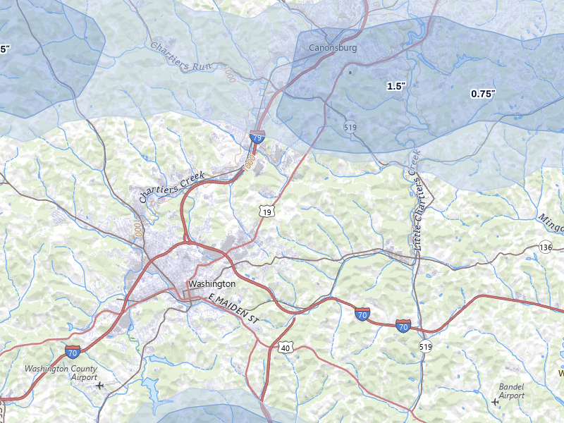 NEXRAD radar-signature map of the hail storm over Washington, PA on May 13, 2026