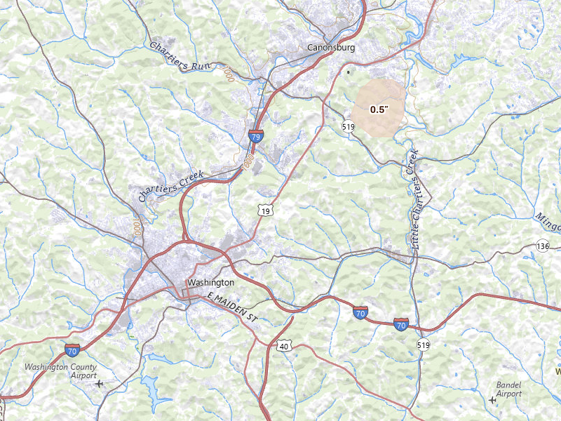 Radar-estimated hail-size map of the storm over Washington, PA on Jun 6, 2026