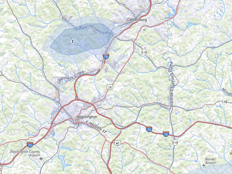 NEXRAD radar-signature map of the hail storm over Washington, PA on Jul 4, 2026