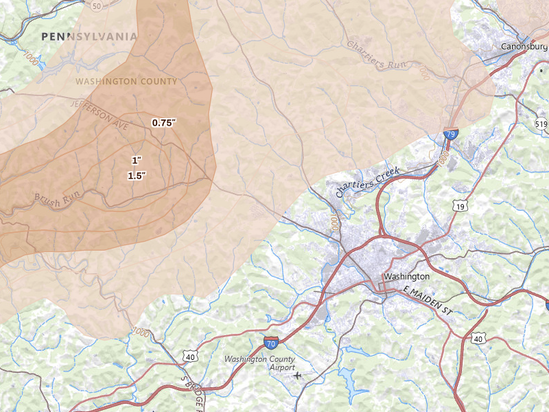 Radar-estimated hail-size map of the storm over Washington, PA