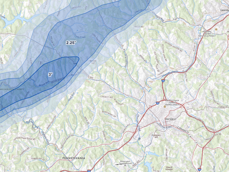 NEXRAD radar-signature map of the hail storm over Washington, PA on Sep 3, 2026