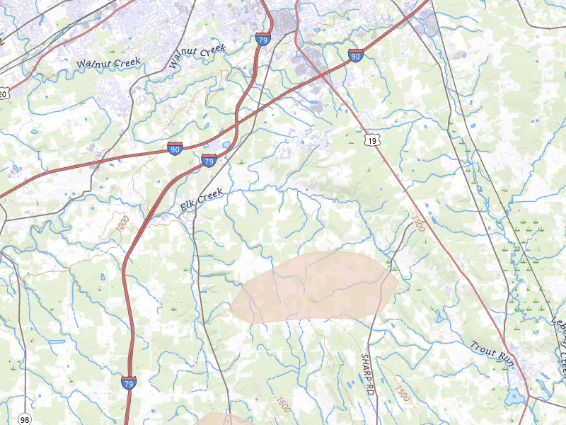Radar-estimated hail-size map of the storm over Waterford, PA on Aug 10, 2026