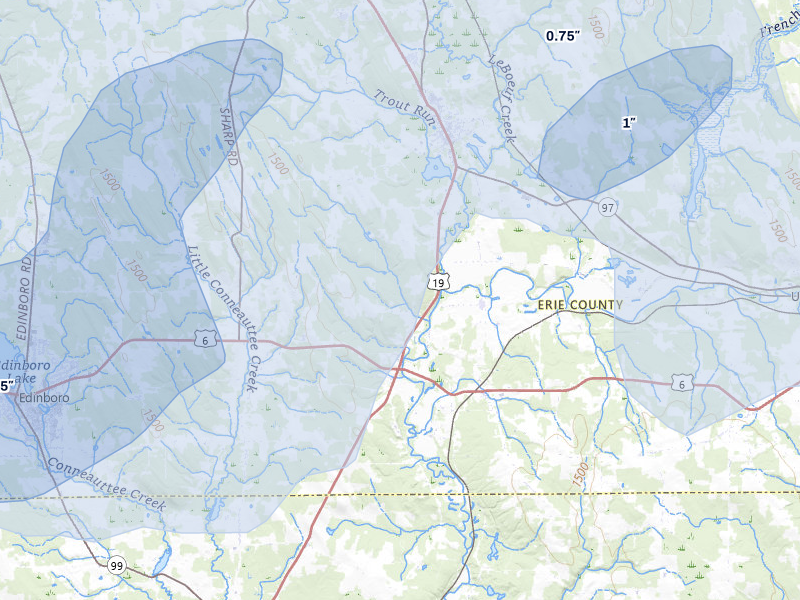 NEXRAD radar-signature map of the hail storm over Waterford, PA on Aug 10, 2026