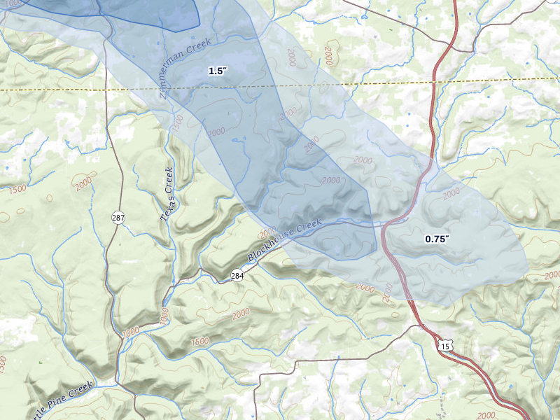 NEXRAD radar-signature map of the hail storm over Waterville, PA on Jul 3, 2026