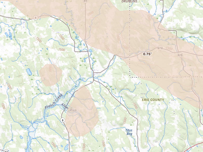 Radar-estimated hail-size map of the storm over Wattsburg, PA on Sep 1, 2026