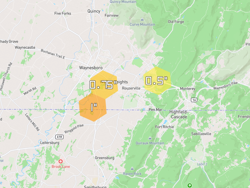 Hail map of Waynesboro, PA on Jul 6, 2026, hail up to 1"