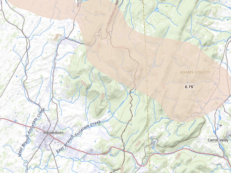 Radar-estimated hail-size map of the storm over Waynesboro, PA on Aug 10, 2026