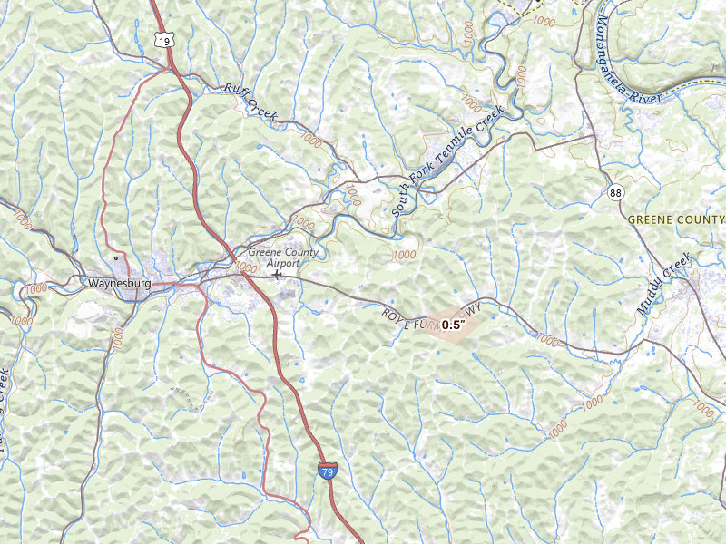 Radar-estimated hail-size map of the storm over Waynesburg, PA on Jun 11, 2026