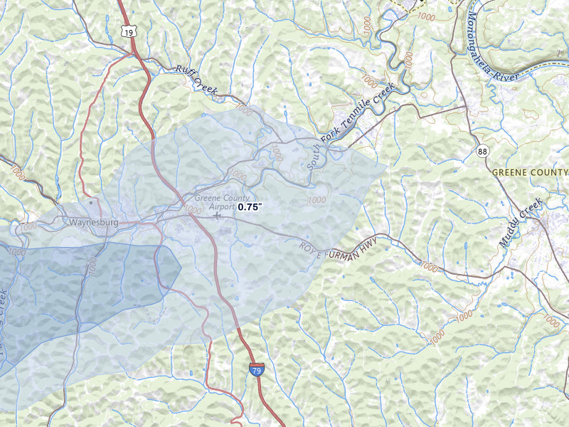 NEXRAD radar-signature map of the hail over Waynesburg, PA