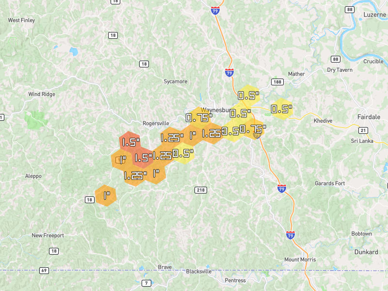 Hail map of Waynesburg, PA on Jul 4, 2026, hail up to 1.5"