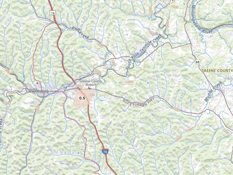 Radar-estimated hail-size map of the storm over Waynesburg, PA on Aug 2, 2026