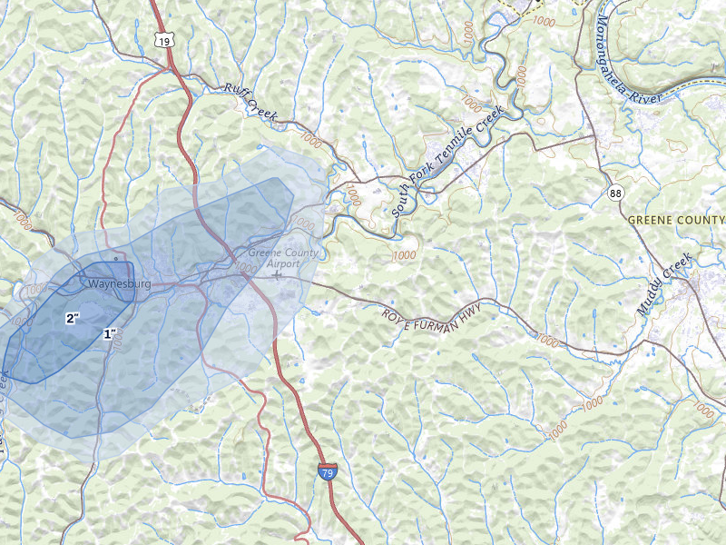 NEXRAD radar-signature map of the hail over Waynesburg, PA