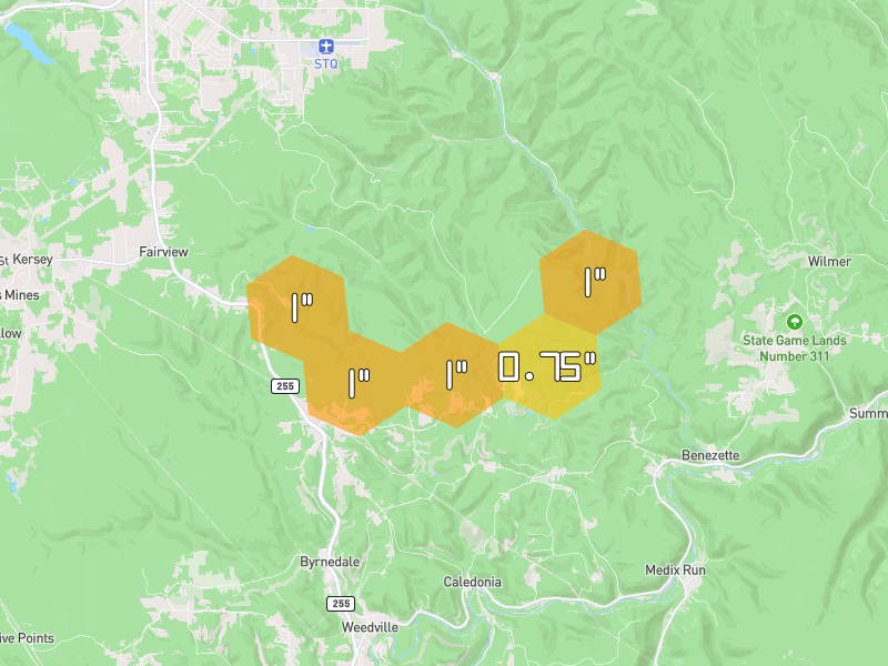 Hail map of Weedville, PA on Jul 4, 2026, hail up to 1"