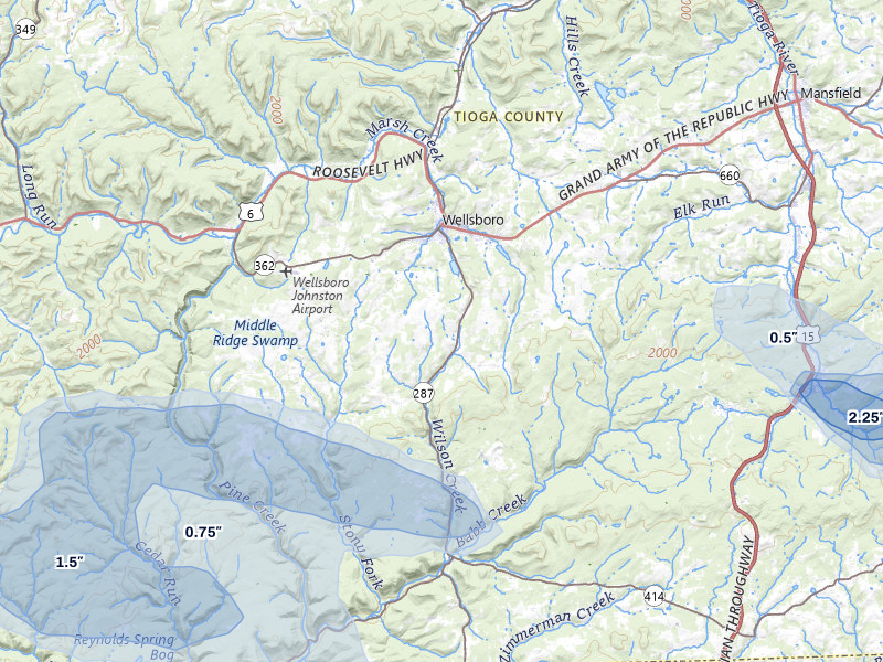 NEXRAD radar-signature map of the hail storm over Wellsboro, PA on Jul 4, 2026