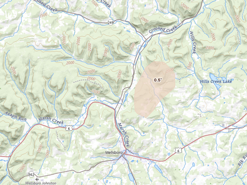 Radar-estimated hail-size map of the storm over Wellsboro, PA on Sep 2, 2026