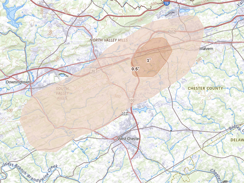 Radar-estimated hail-size map of the storm over West Chester, PA