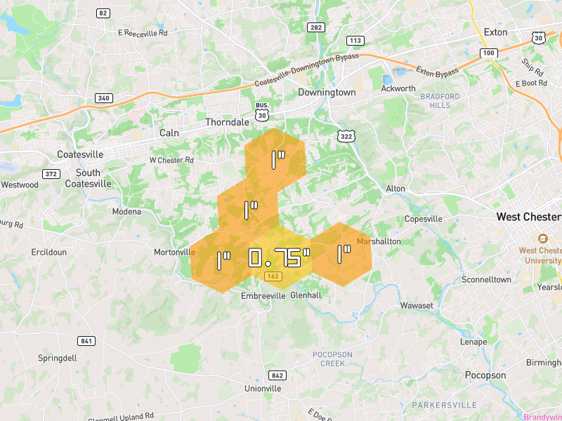 Hail map of West Chester, PA on Jul 21, 2026, hail up to 1"