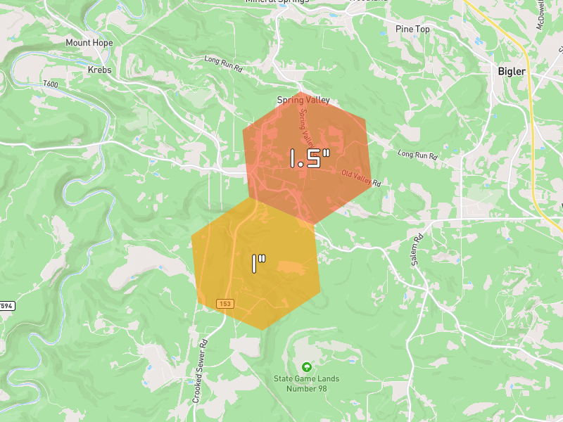 Hail map of West Decatur, PA on Jul 4, 2026, hail up to 1.5"