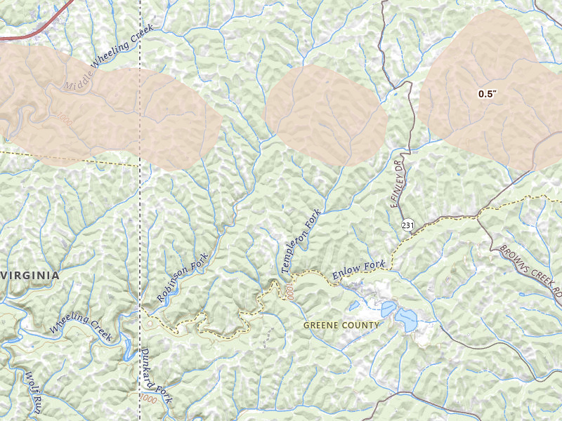 Radar-estimated hail-size map of the storm over West Finley, PA on Jun 6, 2026