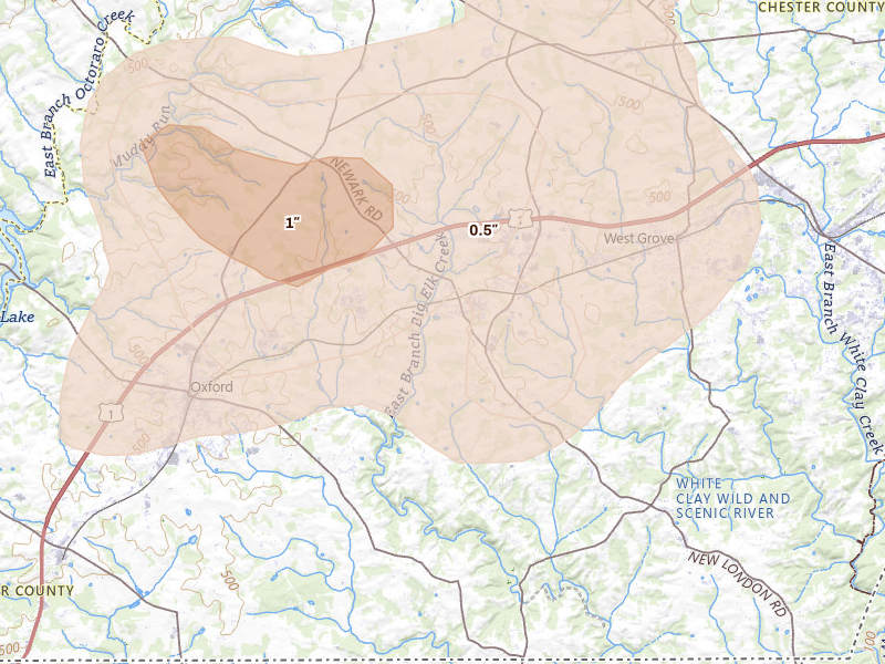 Radar-estimated hail-size map of the storm over West Grove, PA on May 20, 2026